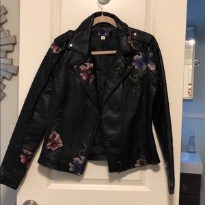 Floral Embroidered Faux Leather Jacket